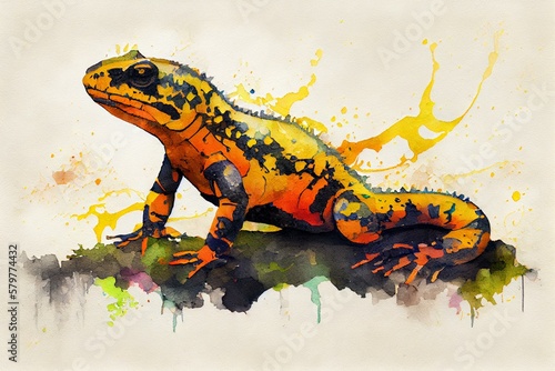 Fire salamander, watercolor style. Generative AI