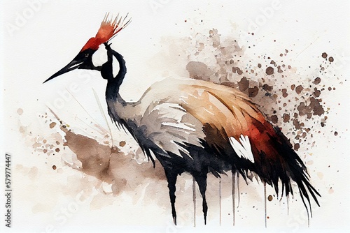 Red-crowned crane, watercolor style. Generative AI