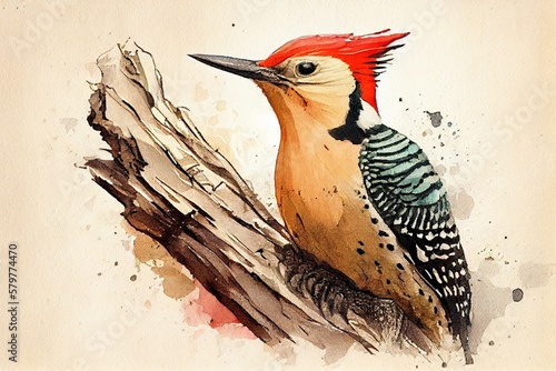 Red-bellied woodpecker, watercolor style. Generative AI photo