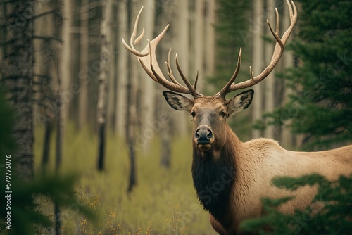 photograph taken with selective focus of an elk at Prince Albert National Park, Saskatchewan, Canada Generative AI photo