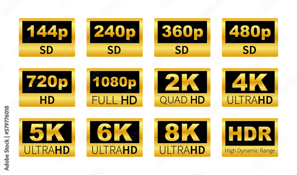 Video resolution labels. 360 720p 1080p 2k 4k 6k 8k HDR. Video resolution labels. 360 720p 1080p 2k 4k 6k 8k HDR.