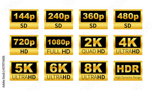 Video resolution labels. 360 720p 1080p 2k 4k 6k 8k HDR.