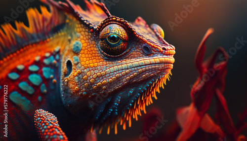 Close up of a brightly colored chameleon. Psychedelic and vibrant animal artwork 