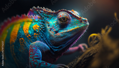 Close up of a brightly colored chameleon. Psychedelic and vibrant animal artwork 