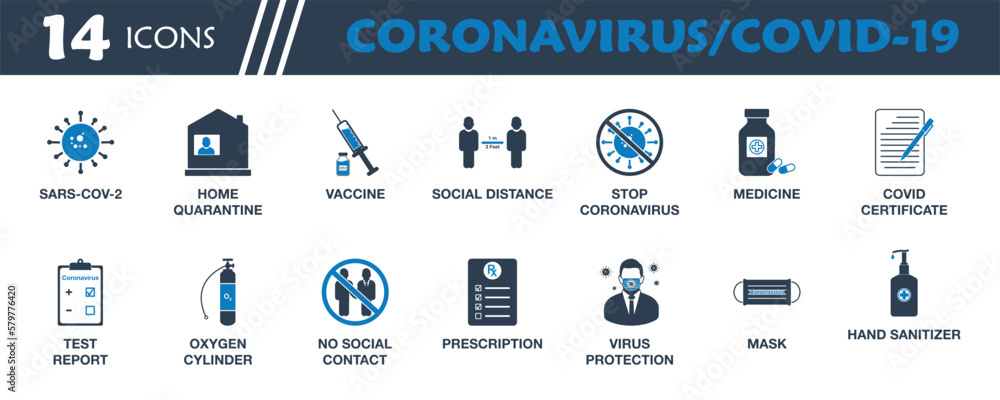 Coronavirus, Covid-19 Icon Set. Collection of Vaccine, Report, Social Distance, Mask, Hand Sanitizer and Medicine Icons. Editable Vector Symbol Illustration.