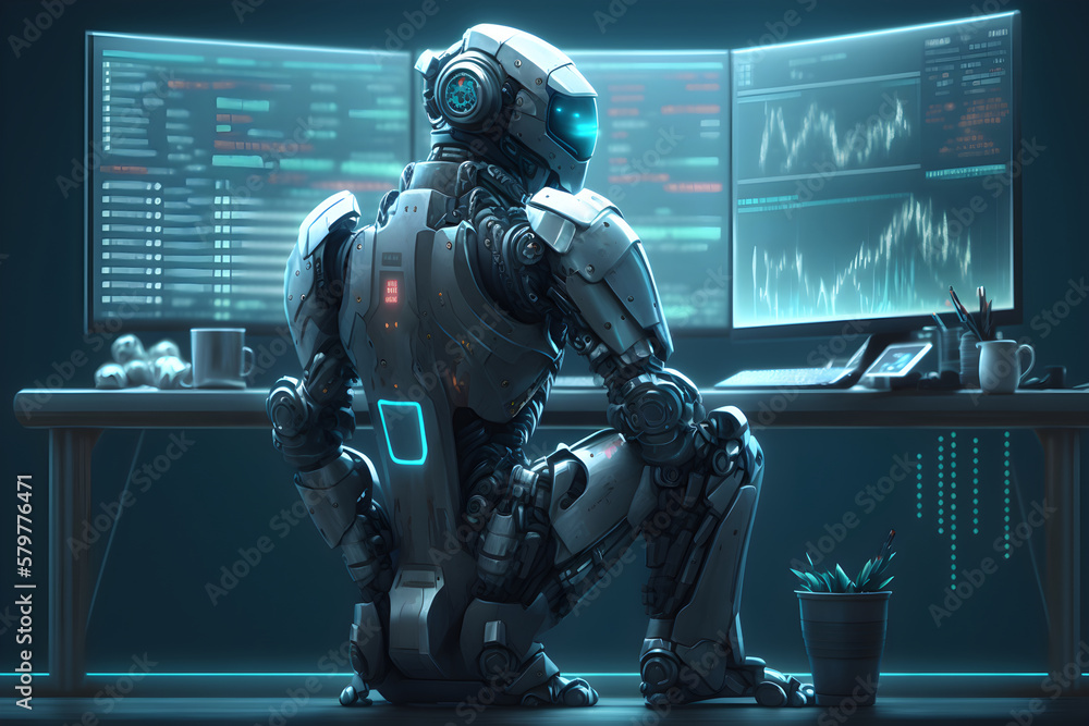 Artificial Intelligence Trading in Action: Futuristic Robot Trading on Laptop with Multiple Screens and Real-Time Market Charts. Generative AI Artificial Intelligence Trading in Action: Futuristic Robot Trading on Laptop with Multiple Screens and Real-Time Market Charts. Generative AI