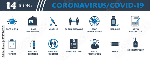 Coronavirus, Covid-19 Icon Set. Collection of Vaccine, Report, Social Distance, Mask, Hand Sanitizer and Medicine Icons. Editable Vector Symbol Illustration.