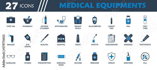 Medical Equipment Icon Set. Collection of First Aid Box, Mortar and Pestle, Stethoscope, Weight Scale, Glucometer, Inhaler, Scalpel, Hospital and Vaccine Icons. Editable Vector Symbol Illustration.