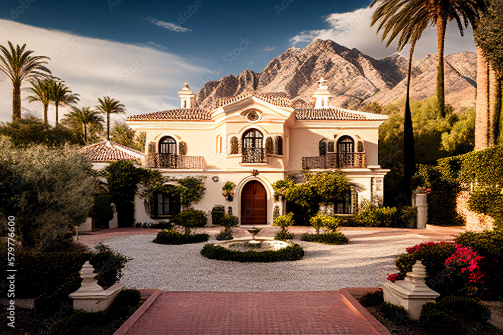 Luxury Villa exterior with green garden and palm trees. Luxury home in Spain. Tropical Villa Resort, Spanish Real Estate in Sierra Blanca, Marbella. Luxurious residence on Mediterranean. Ai Generative