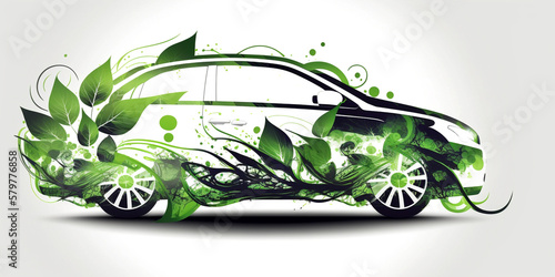 grünes Auto aus Pflanzen vor weißen Hintergrund, generative AI