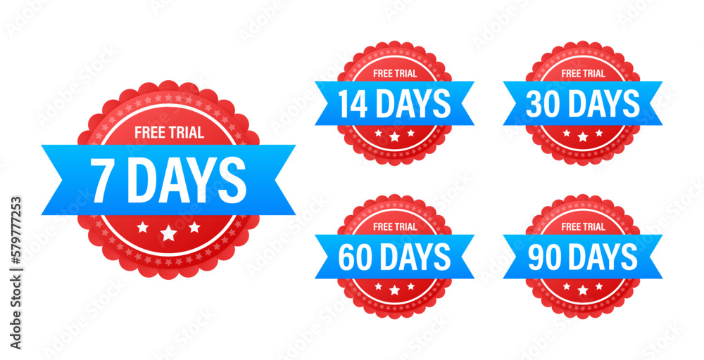 Days free trial emblem. 7 14 30 60 90 Days trial. Vector stock illustration.