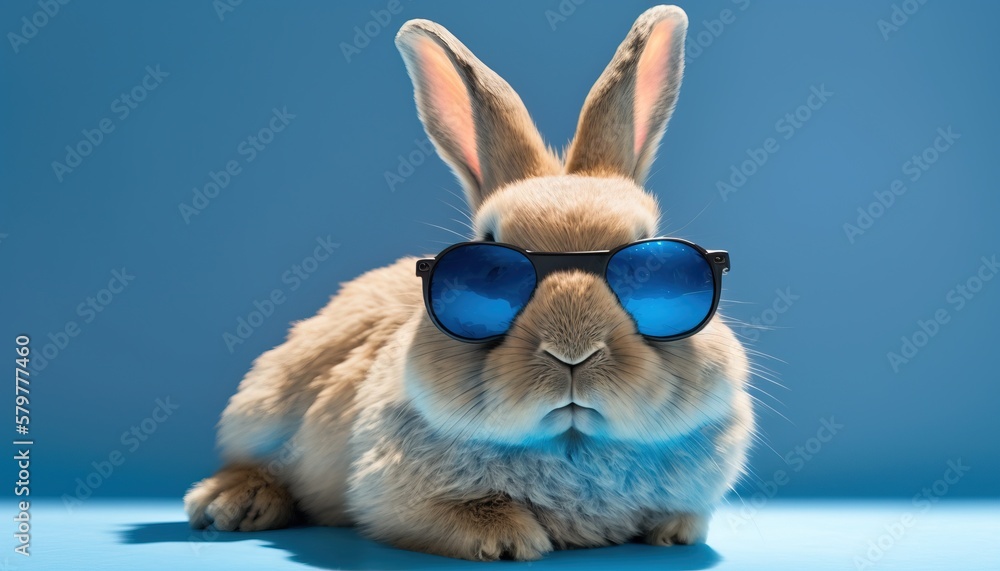 A Rabbit wearing sunglasses with a blue background. Furry art. Cute andm funny animal portrait. Generative AI.