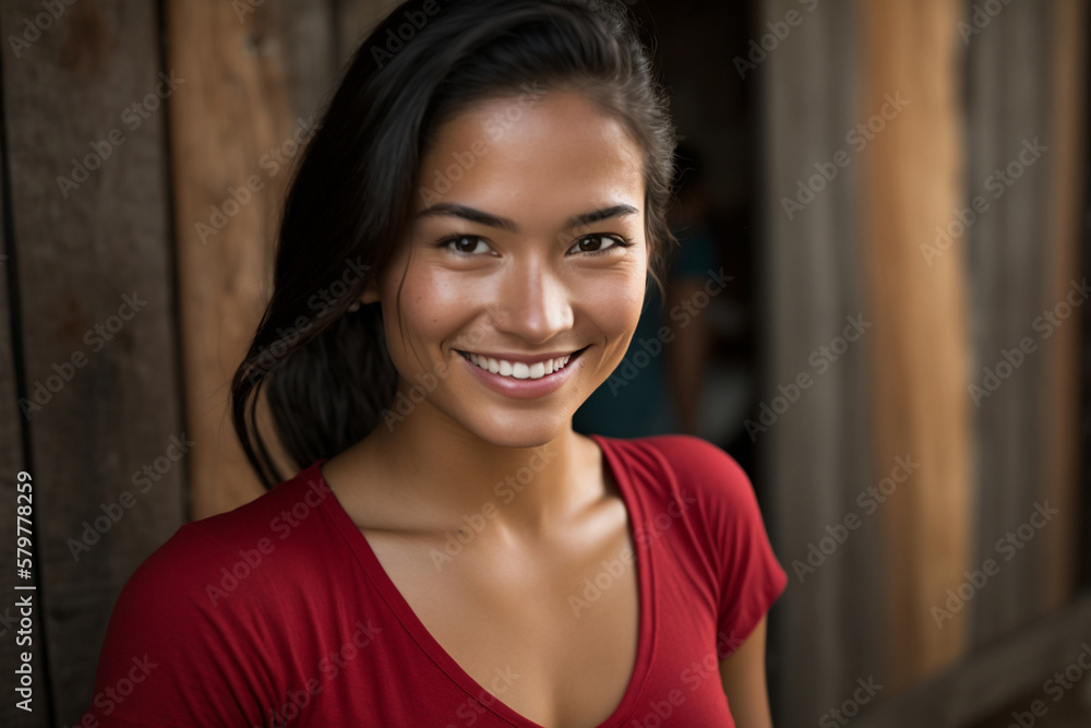 young adult woman multiracial multiethnic wears red shirt, slender body smiling face. Generative AI young adult woman multiracial multiethnic wears red shirt, slender body smiling face. Generative AI