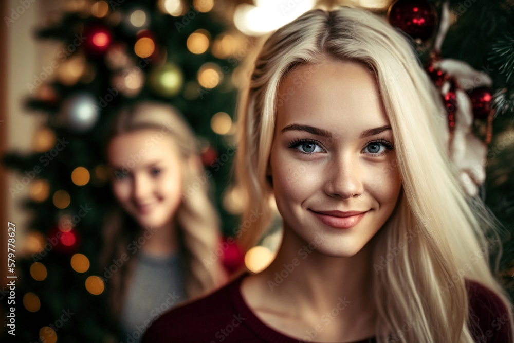 young women standing in front of a christmas tree at home, joyful smile, caucasian blond. Generative AI