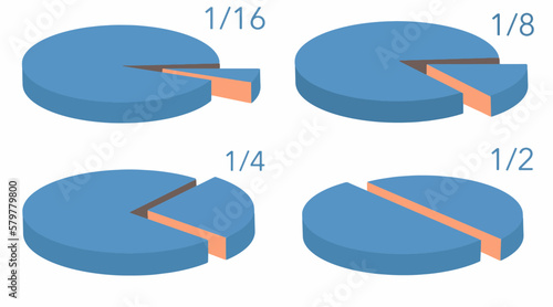 Here is a selection of isometric vector pie charts that show slices of pie that are one-sixteenth, one-eighth, one-quarter and one half of the pie. That is numerically 1/16, 1/8, 1/4 and 1/2. This is 
