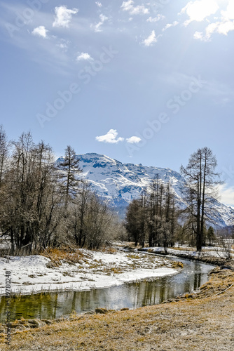 Samedan, Celerina, Inn, Fluss, Inntal, Dorf, Oberengadin, Engadin, Alpen, Wanderweg, Graubünden, Rosatschgruppe, Corvatsch, Winter, Wintersport, Schweiz