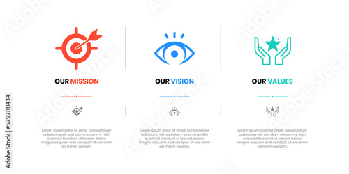 Mission, Vision and Values of company with text. Company infographic Banner template. Modern flat icon design. Abstract icon. Purpose business concept. Mission symbol illustration. Abstract eye. Busin