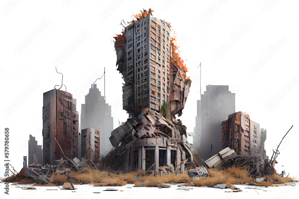 Ruined skyscrapers, overgrown abandoned buildings isolated on white ...
