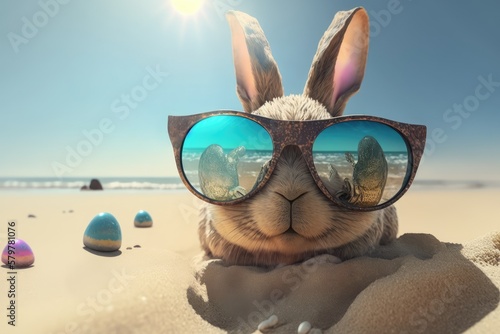 Cute easter bunny with glasses, easter eggs scattered on the beach, generative AI © INFINITO