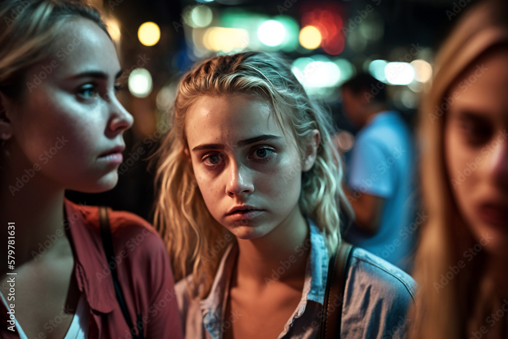 young women feeling uncomfortable, fictional place like a party at night, tired or sad or drunk or introverted, young women or teenagers outside in a bar or side street. Generative AI young women feeling uncomfortable, fictional place like a party at night, tired or sad or drunk or introverted, young women or teenagers outside in a bar or side street. Generative AI