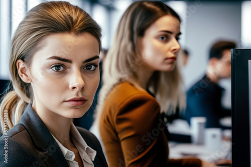 young woman with a serious expression on her face working on a computer screen in an office with other people in the background, bright natural light coming from large windows. Generative AI