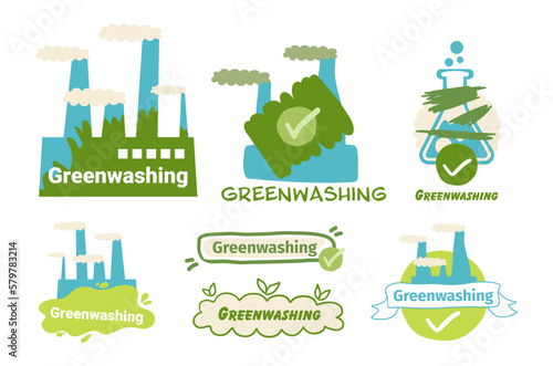 The factory is repainted green. . The concept of greenwashing. Vector flat illustration.