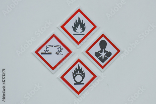 Warning signs in workplaces containing hazardous chemicals and flammable materials.