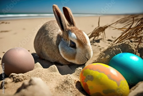 Cute easter bunny on the beach with scattered colored eggs  generative AI