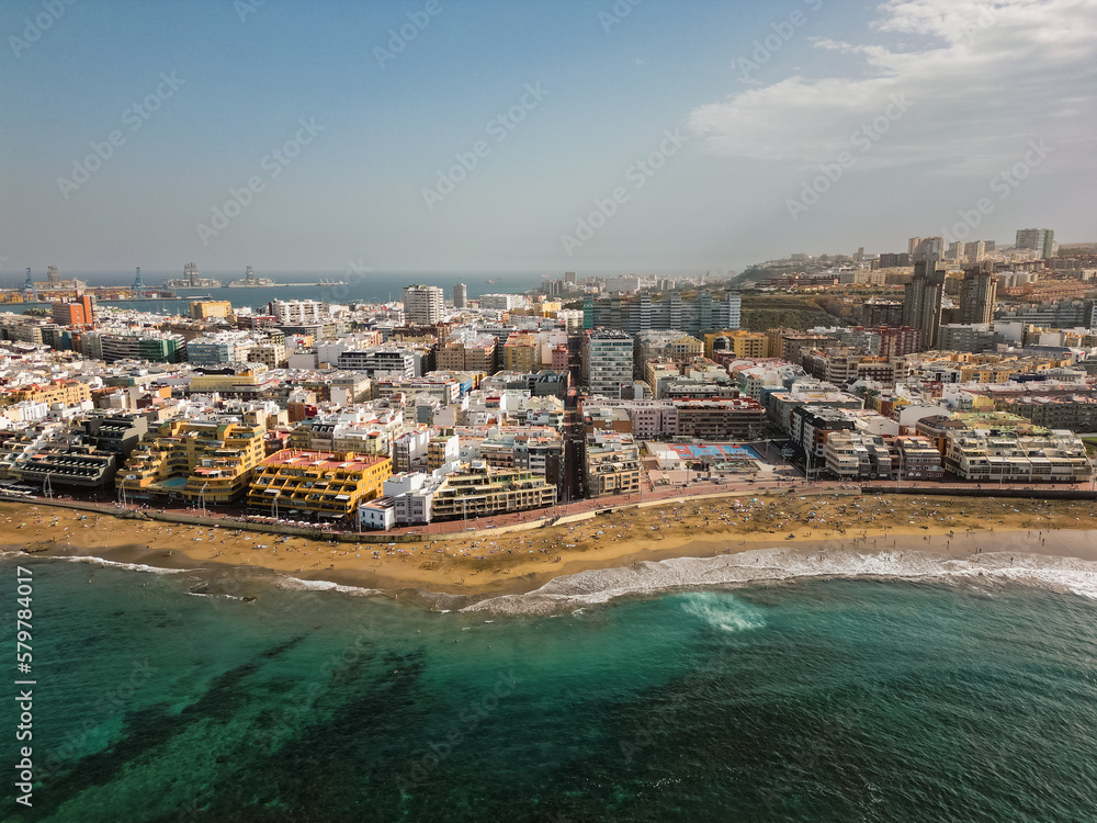 Aerial view of urban beach on a sunny day in Las Palmas de Gran Canaria, Spain