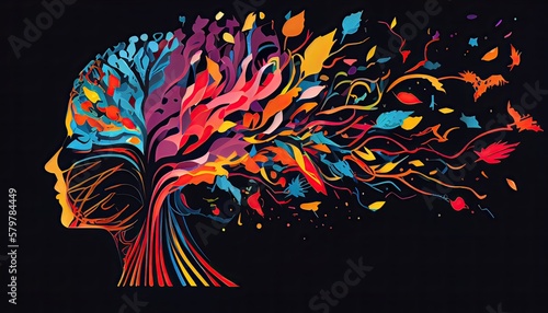 human brain concept. Creative part and colorful forest and nature. Colorful vector brain illustration, brain hand-drawn painting of forest nature. Non-existent person. Generative Ai © Kowit