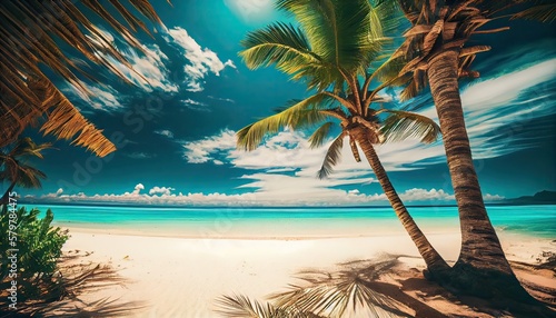 tropical paradise beach with white sand and coco palms travel tourism wide panorama background concept. Generative Ai