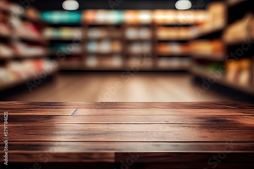 Empty wood table top on blurred super market. can montage or display your products. Empty wood table top on shelf in supermarket blurred background. Generative Ai