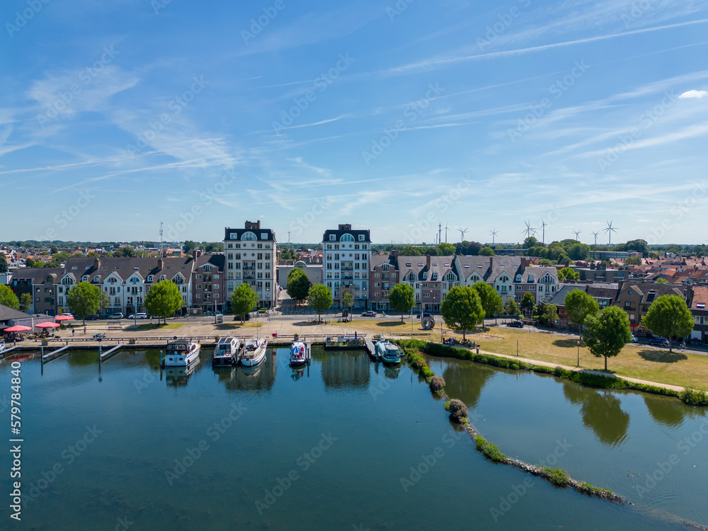 Aerial view with drone of the beautiful city Turnhout in Belgium, Europe, as seen from the harbor. High quality photo. High quality photo