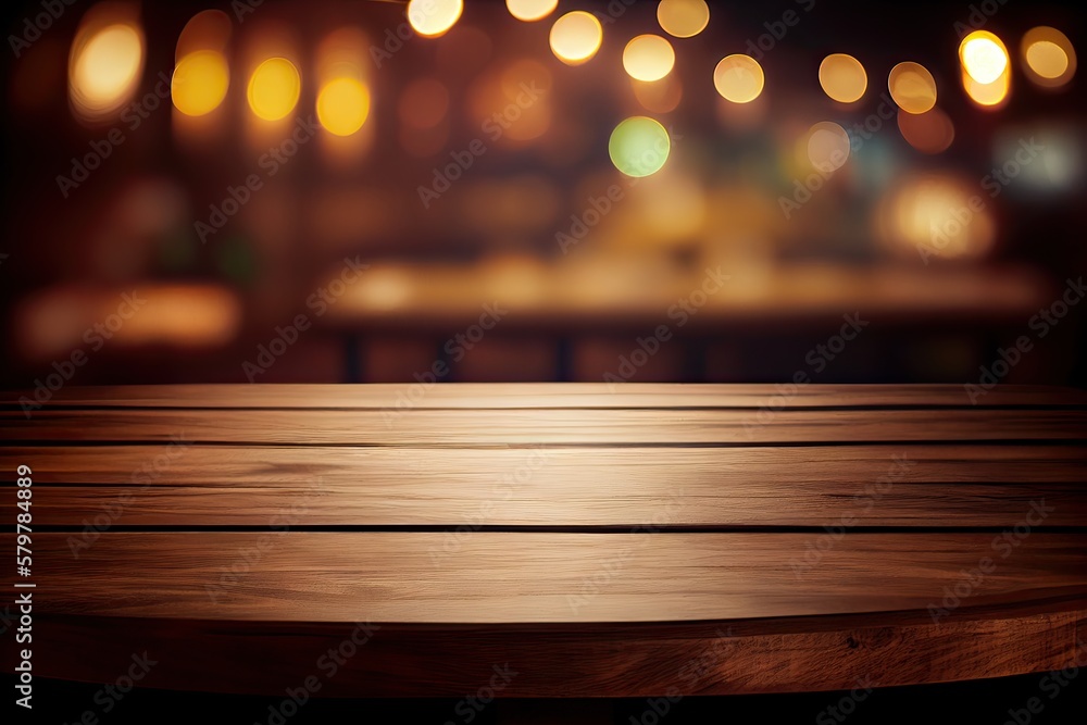 image of wooden table in front of abstract blurred background of resturant lights. Wood table top on blur of lighting in night cafe,restaurant background/selective focus. Generative Ai image of wooden table in front of abstract blurred background of resturant lights. Wood table top on blur of lighting in night cafe,restaurant background/selective focus. Generative Ai