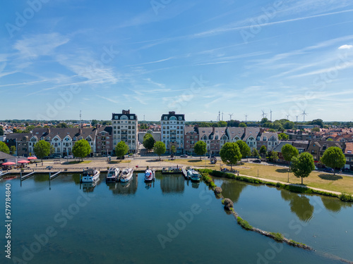 Aerial view with drone of the beautiful city Turnhout in Belgium, Europe, as seen from the harbor. High quality photo. High quality photo © Bjorn B