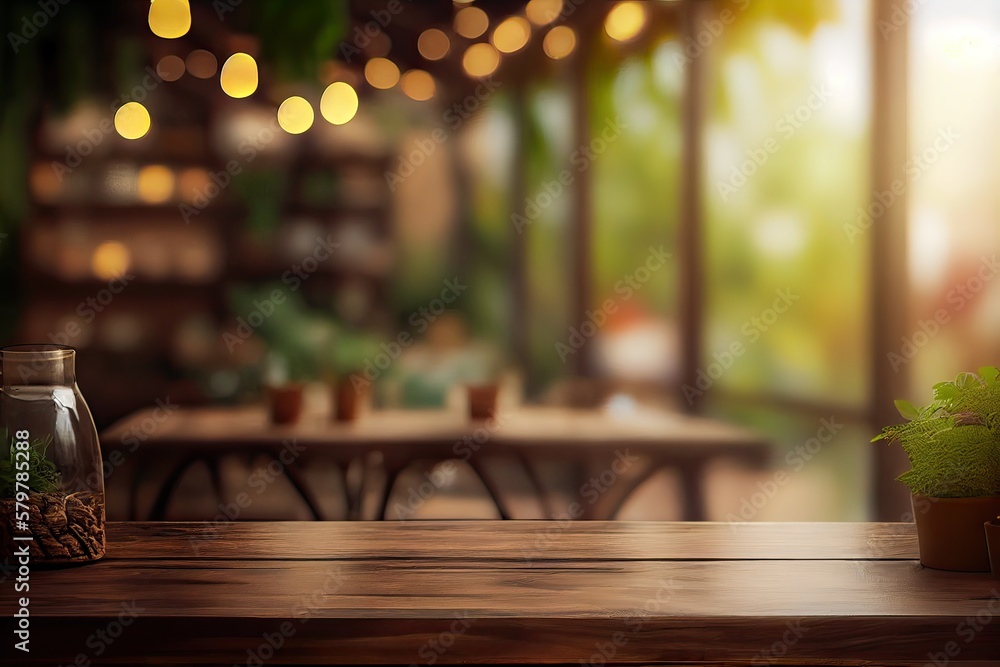 image of wooden table in front of abstract blurred background of resturant lights. Wood table top on blur of lighting in night cafe,restaurant background/selective focus. Generative Ai