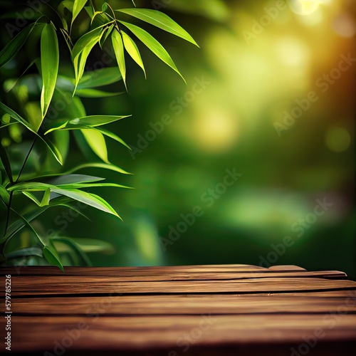 wooden table background for Empty show for packaging product presentation. Background for cosmetic products  the scene with green leaves. Generative Ai.