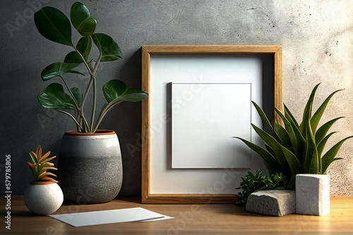 Blank square frame mockup for artwork or print on gray wall with green plants in vase, copy space.