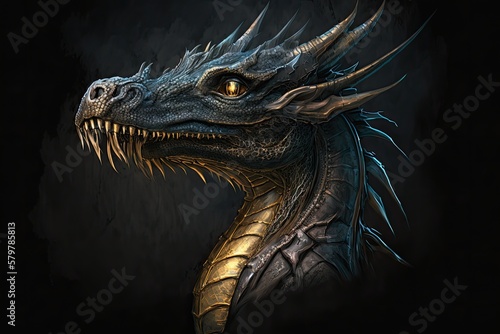 An Affectionate Monster: A Friendly Dragon Character on Dark Background. Generative AI © AIGen