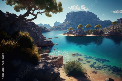 view of the lake beside Mountain. Generative AI © CREATIVE STOCK
