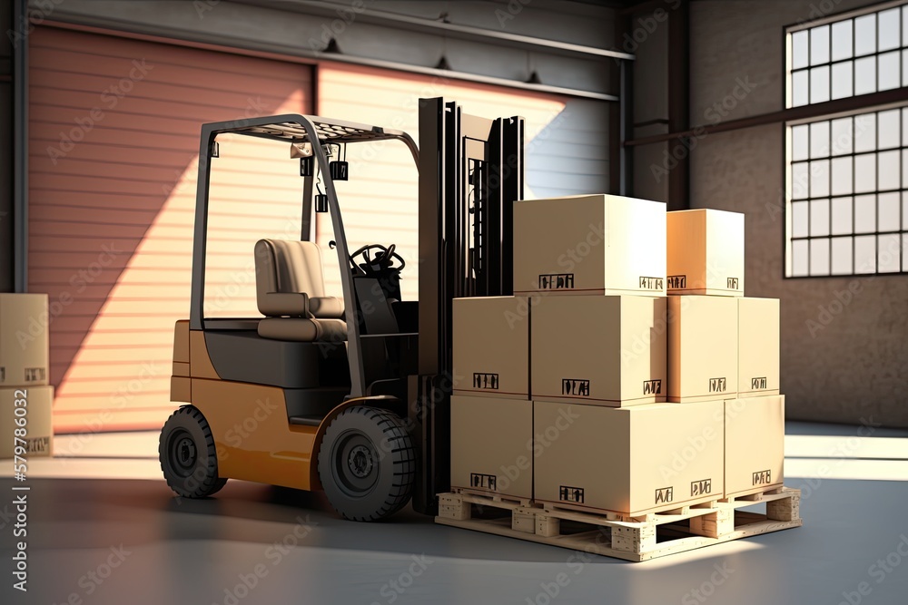 Forklift Delivering Cargo to Warehouse: Loading Pallets and Boxes for Storage. Generative AI
