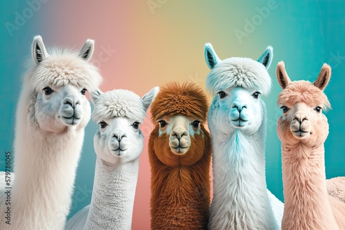 Gathering of Friendly, Furry Alpacas on Colorful Background: Perfect for Petting at the Farm. Generative AI