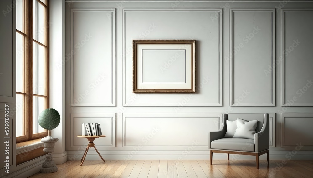 Fototapeta premium Mockup frame in modern living room with armchair and table. Created with generative Ai technology