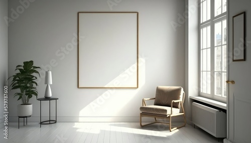 Mockup frame in modern living room with armchair and table. Created with generative Ai technology