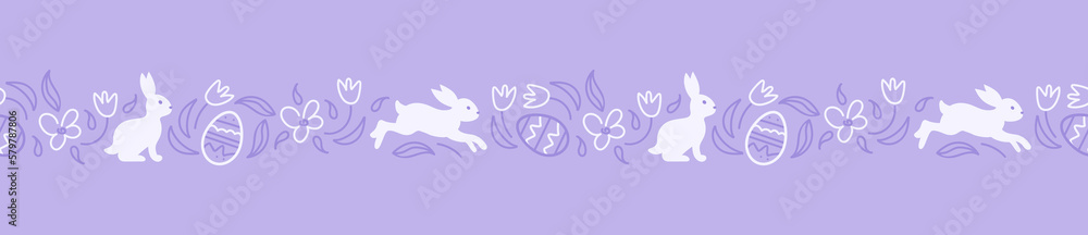 Charming rabbits are jumping in the spring meadow. happy easter. Seamless monochrome purple border. Chocolate eggs eggs, daisies and tulips. Doodle style. For wallpaper, printing on fabric, wrapping.