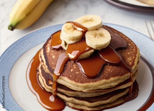 Pile of banana pancakes with caramel. Generative AI