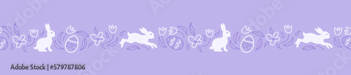 Charming rabbits are jumping in the spring meadow. happy easter. Seamless monochrome purple border. Chocolate eggs eggs, daisies and tulips. Doodle style. For wallpaper, printing on fabric, wrapping.