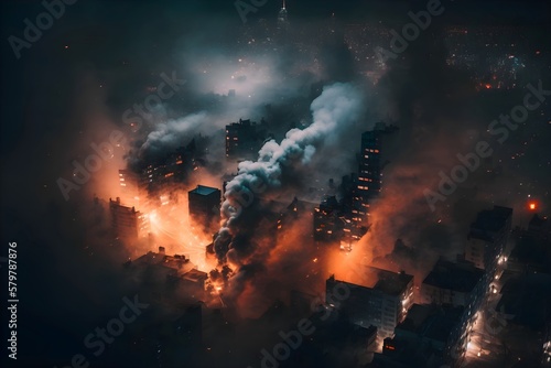 A fire in a city at night