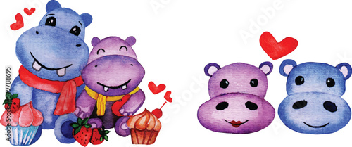 Cute Hippo watercolour clipart