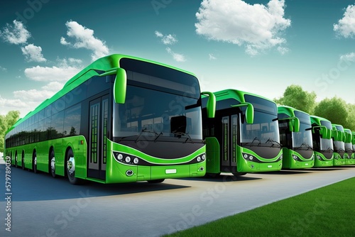 Green electric buses in a row. Generative AI
